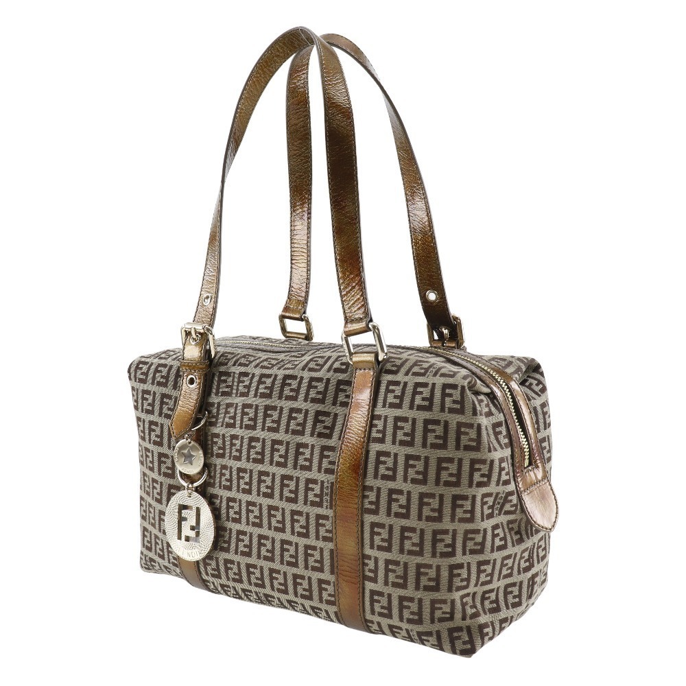 Fendi Zucca Boston Shoulder Bag Nylon Canvas Bron White Double Zipper - Picture 2 of 8